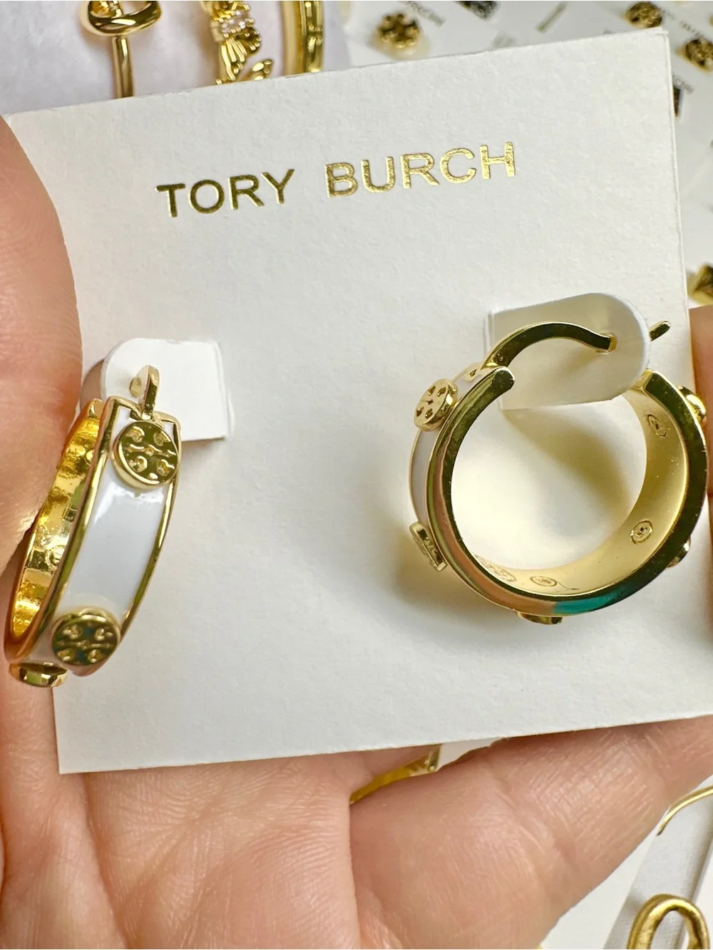 Tory Burch White Enamel and Gold Hoop Earrings